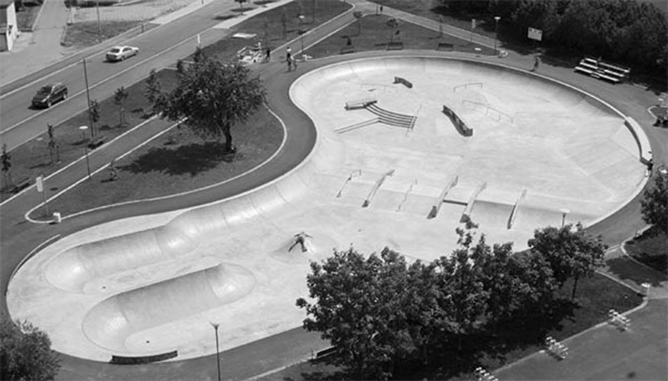 Aerial view of a kidney-shaped concrete skatepark with bowls, rails and ledges surrounded by trees